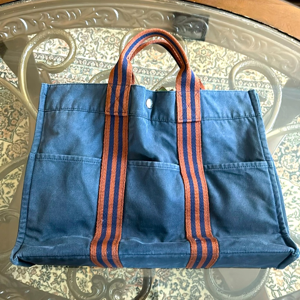 Authentic Hermes Tote Bag blue canvas